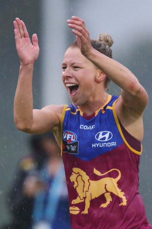 AFLW 2017 Rd 01 - Melbourne v Brisbane MELBOURNE, AUSTRALIA - FEBRUARY 05: Kate McCarthy of the Lions celebrates the win during the round one Women's AFL match between the Melbourne Demons and the Brisbane Lions at Casey Fields on February 5, 2017 in Melbourne, Australia. (Photo by Michael Dodge/Getty Images/AFL Media)